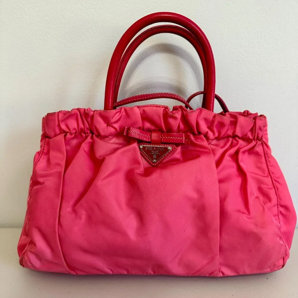 AUTH PRADA PINK TESSUTO NYLON SATCHEL BAG AND LEATHER ZIP-AROUND LONG WALLET SET - Picture 3 of 16